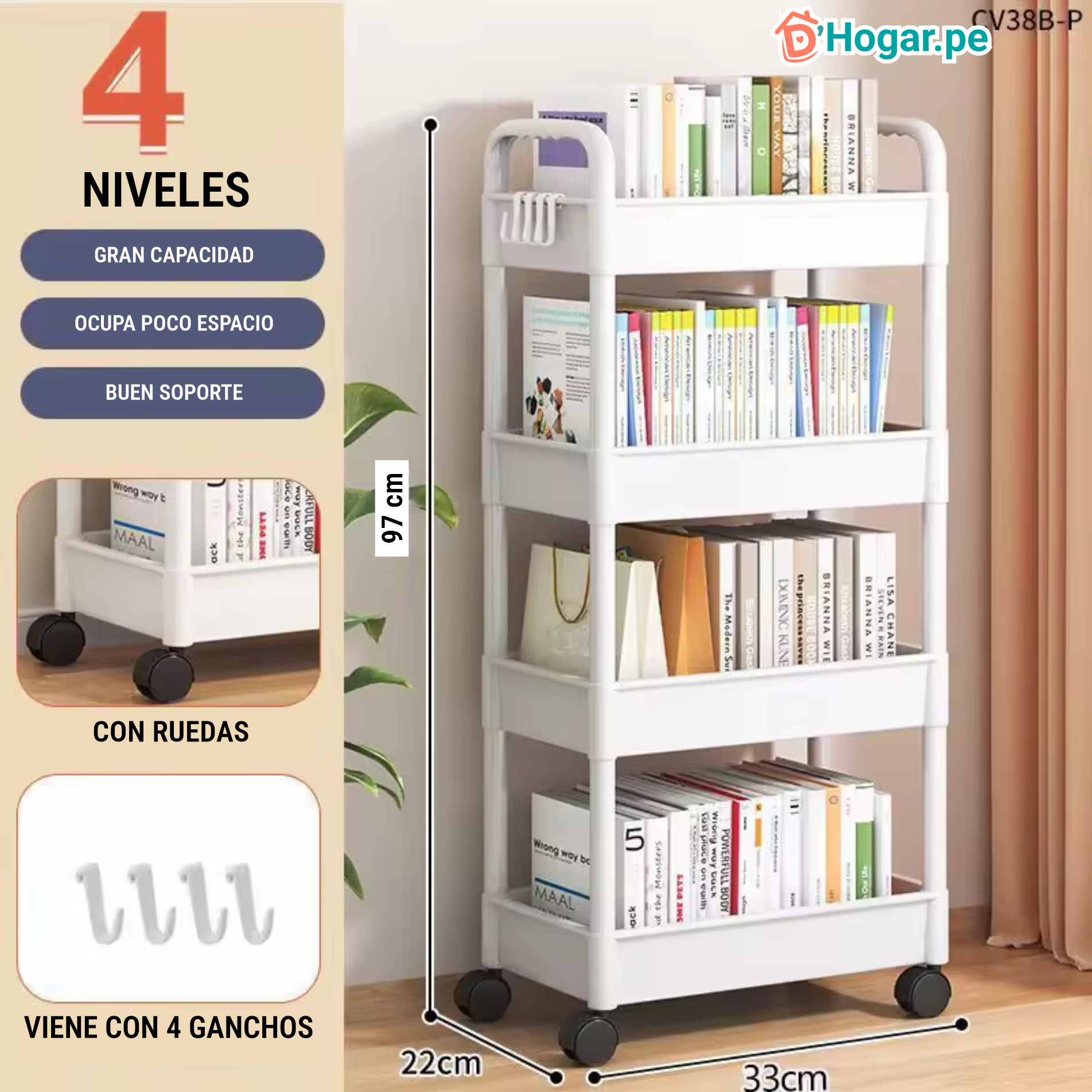 Carrito metálico multiuso de 4 niveles con ruedas