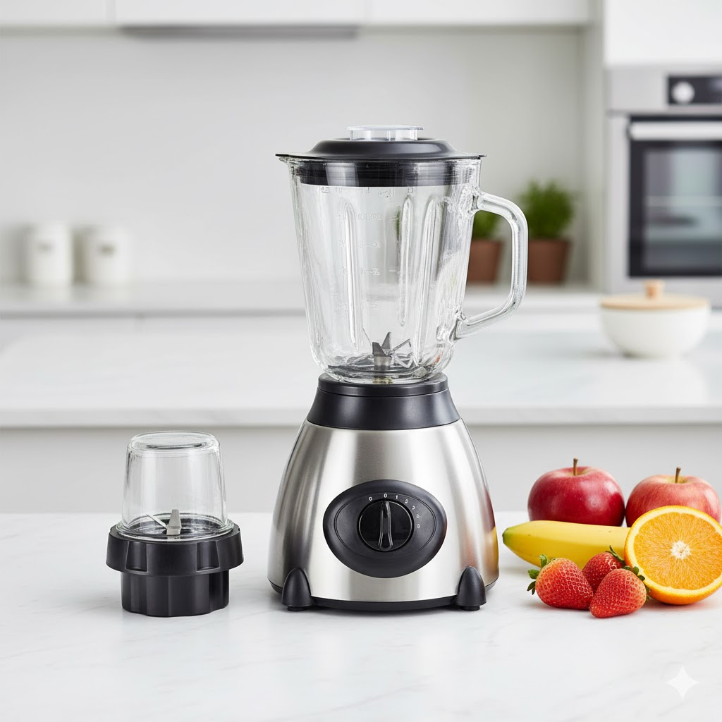 Licuadora Inoxidable con Vaso de Vidrio 1.5L, 300W